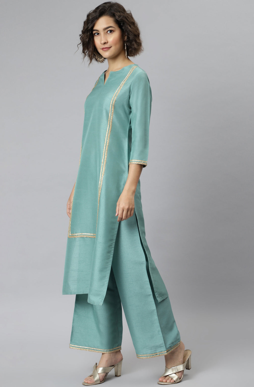 Janasya Women's Green Poly Silk Solid Straight Festive Kurta Set