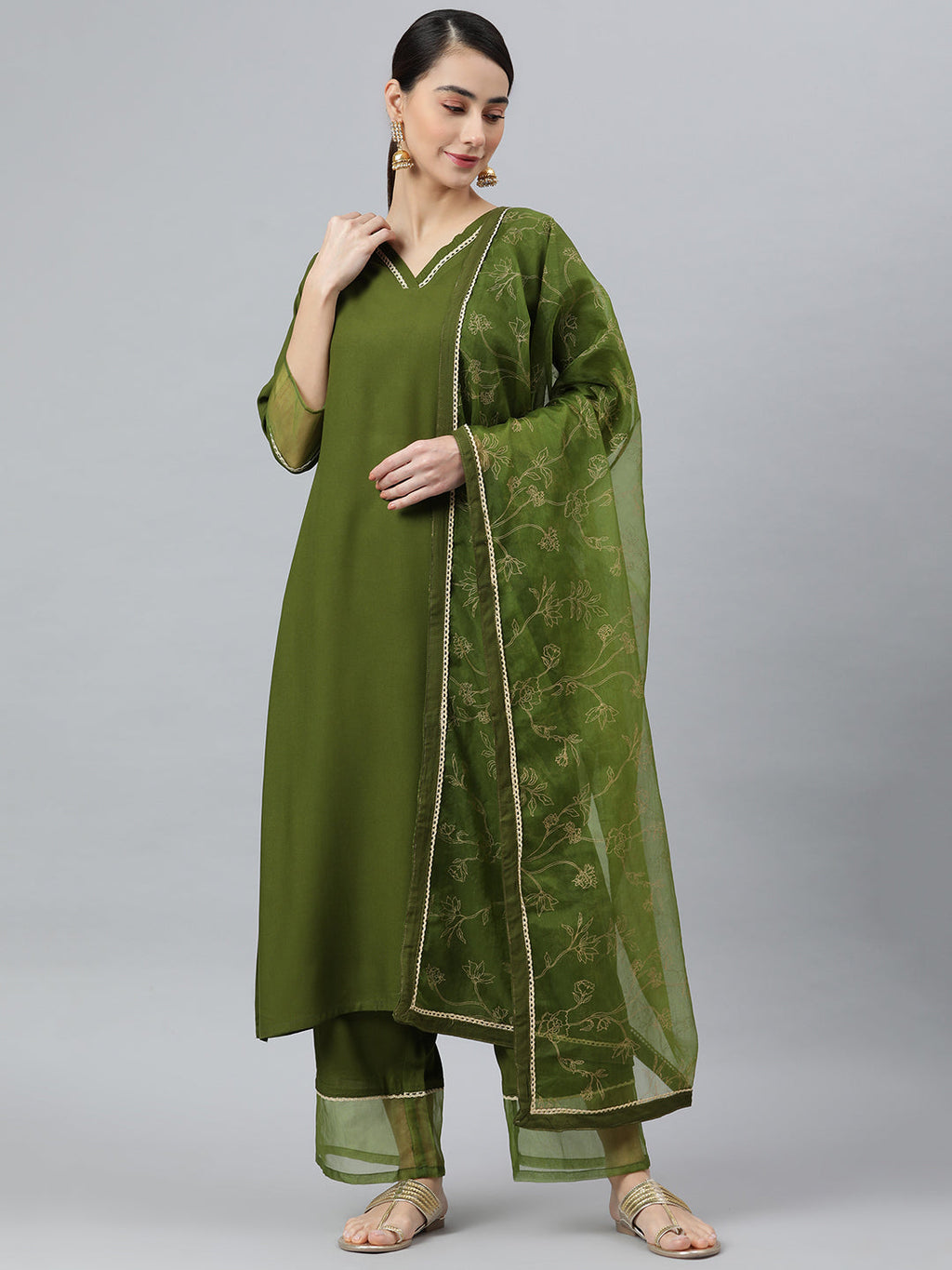 Janasya Women's Olive Green Rayon Solid Kurta With Palazzo And Dupatta
