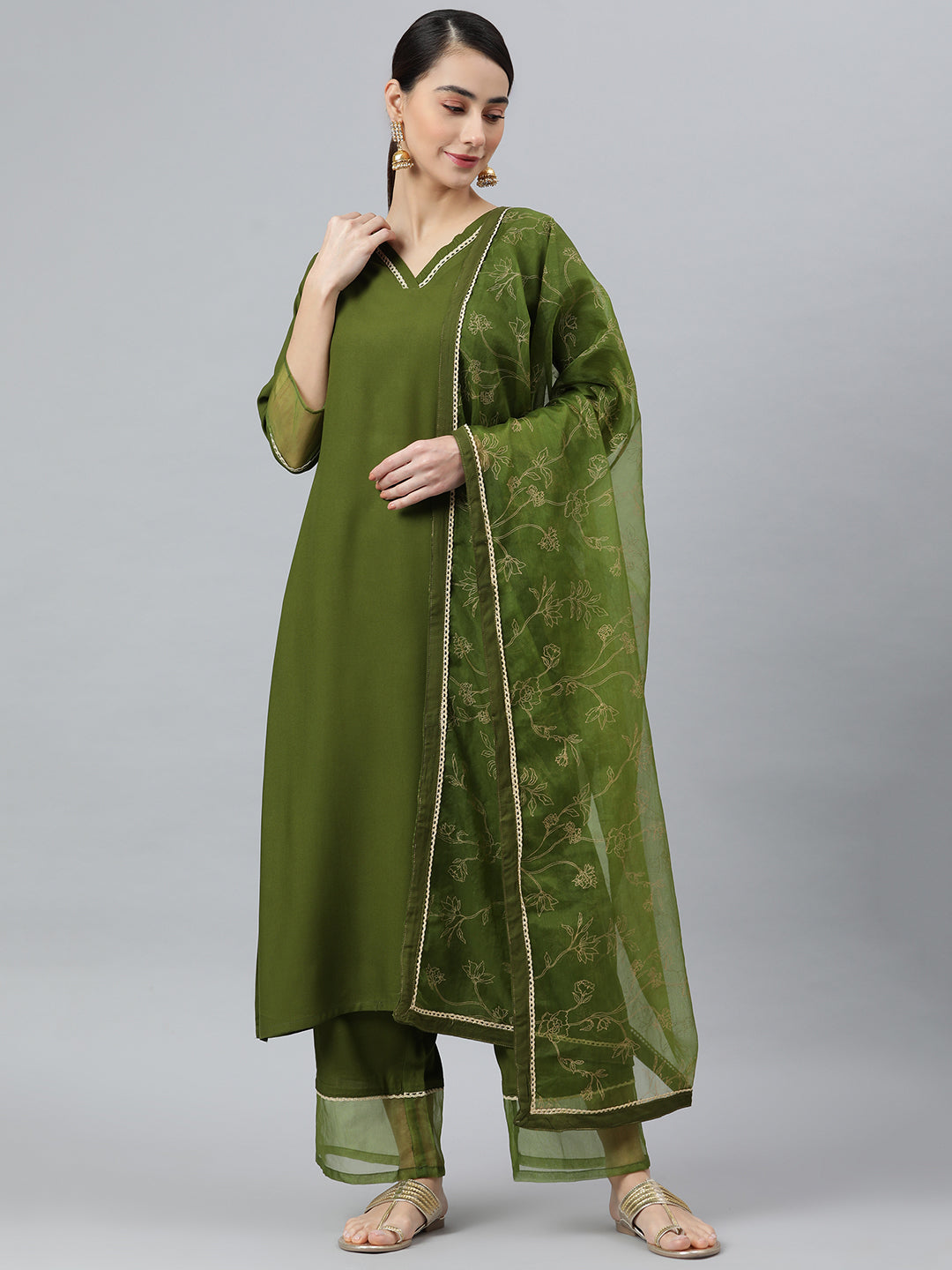 Janasya Women's Olive Green Rayon Solid Kurta With Palazzo And Dupatta