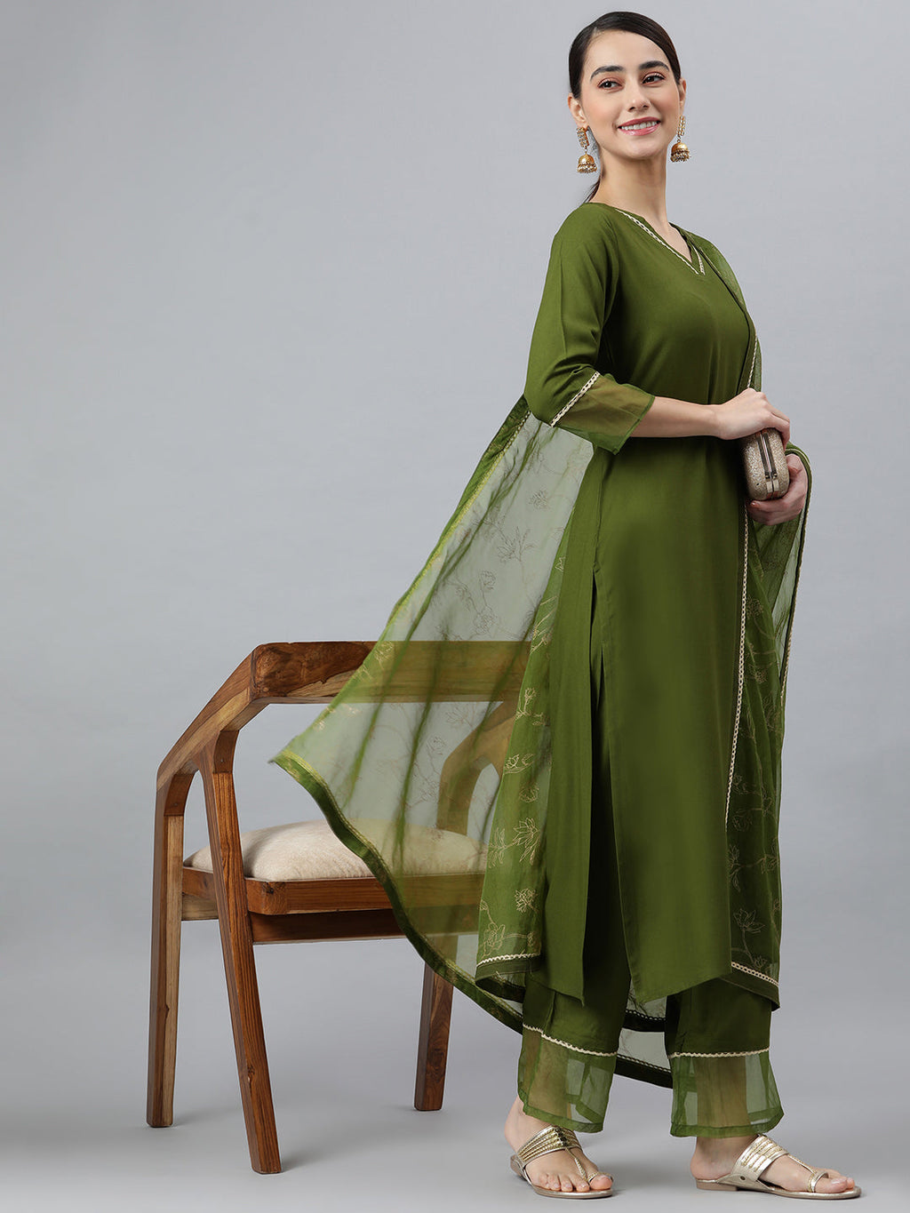 Janasya Women's Olive Green Rayon Solid Kurta With Palazzo And Dupatta