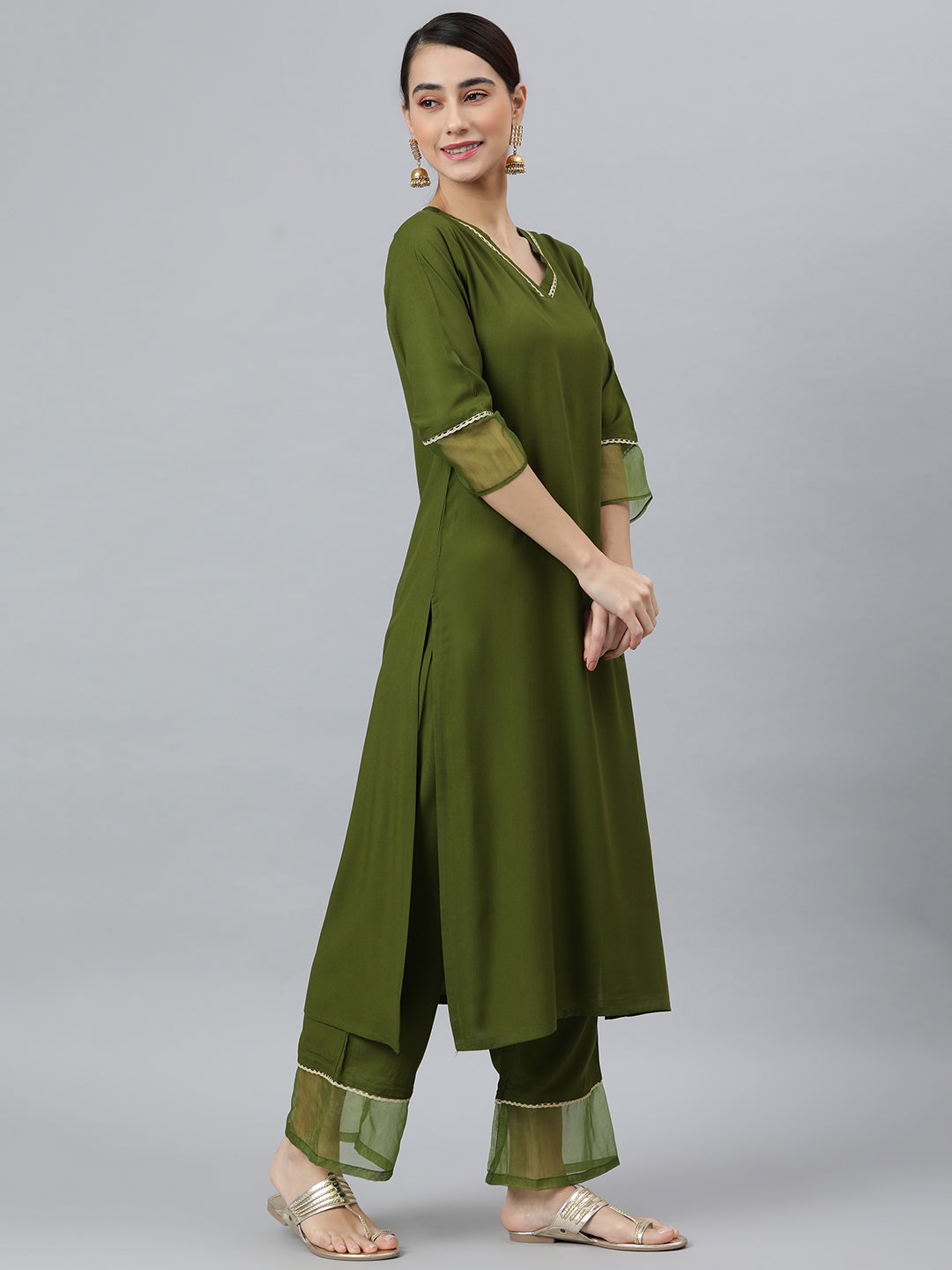 Janasya Women's Olive Green Rayon Solid Kurta With Palazzo And Dupatta