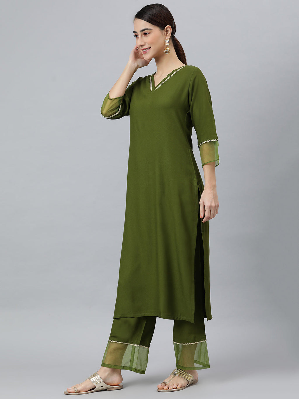 Janasya Women's Olive Green Rayon Solid Kurta With Palazzo And Dupatta