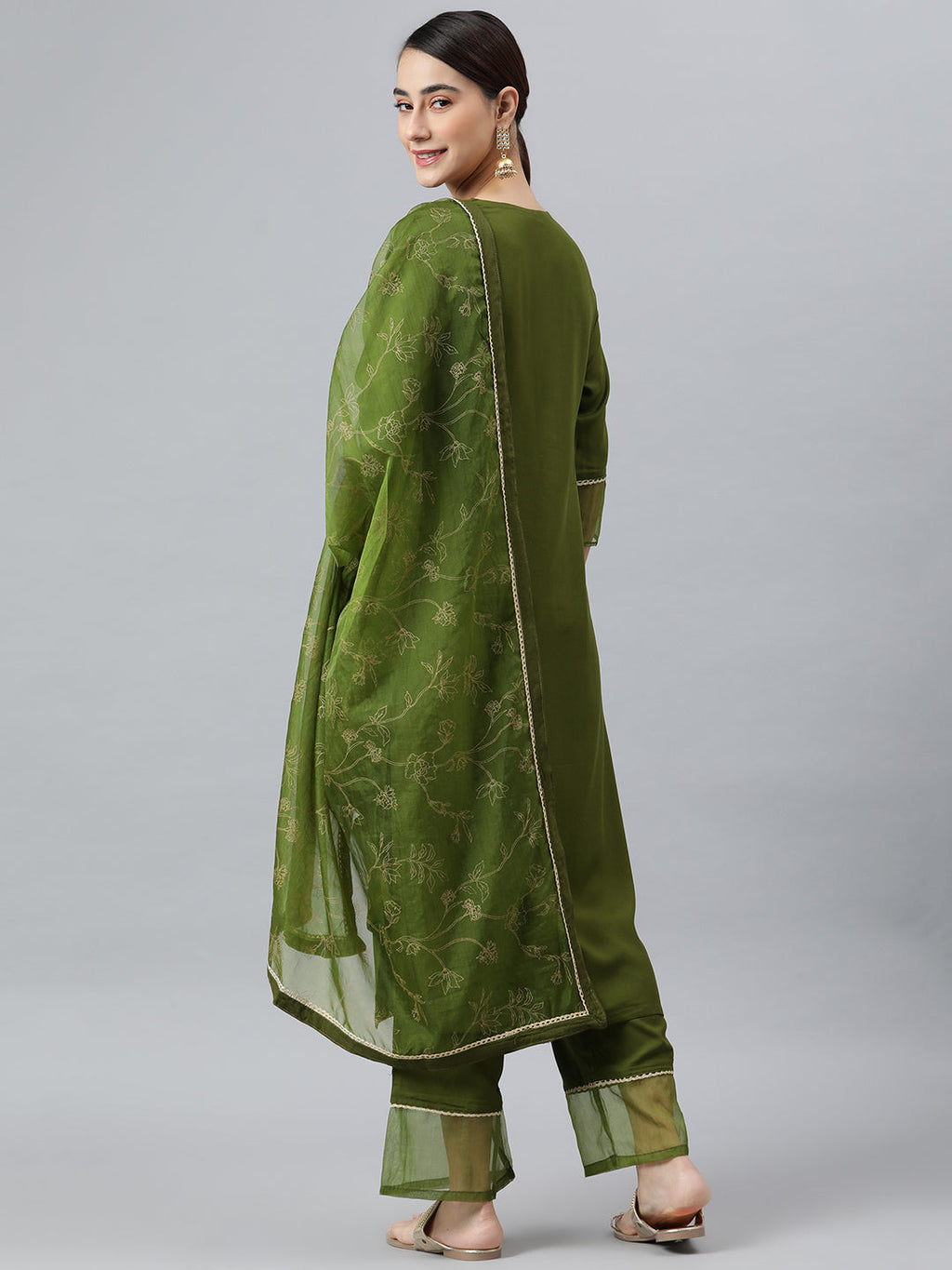 Janasya Women's Olive Green Rayon Solid Kurta With Palazzo And Dupatta
