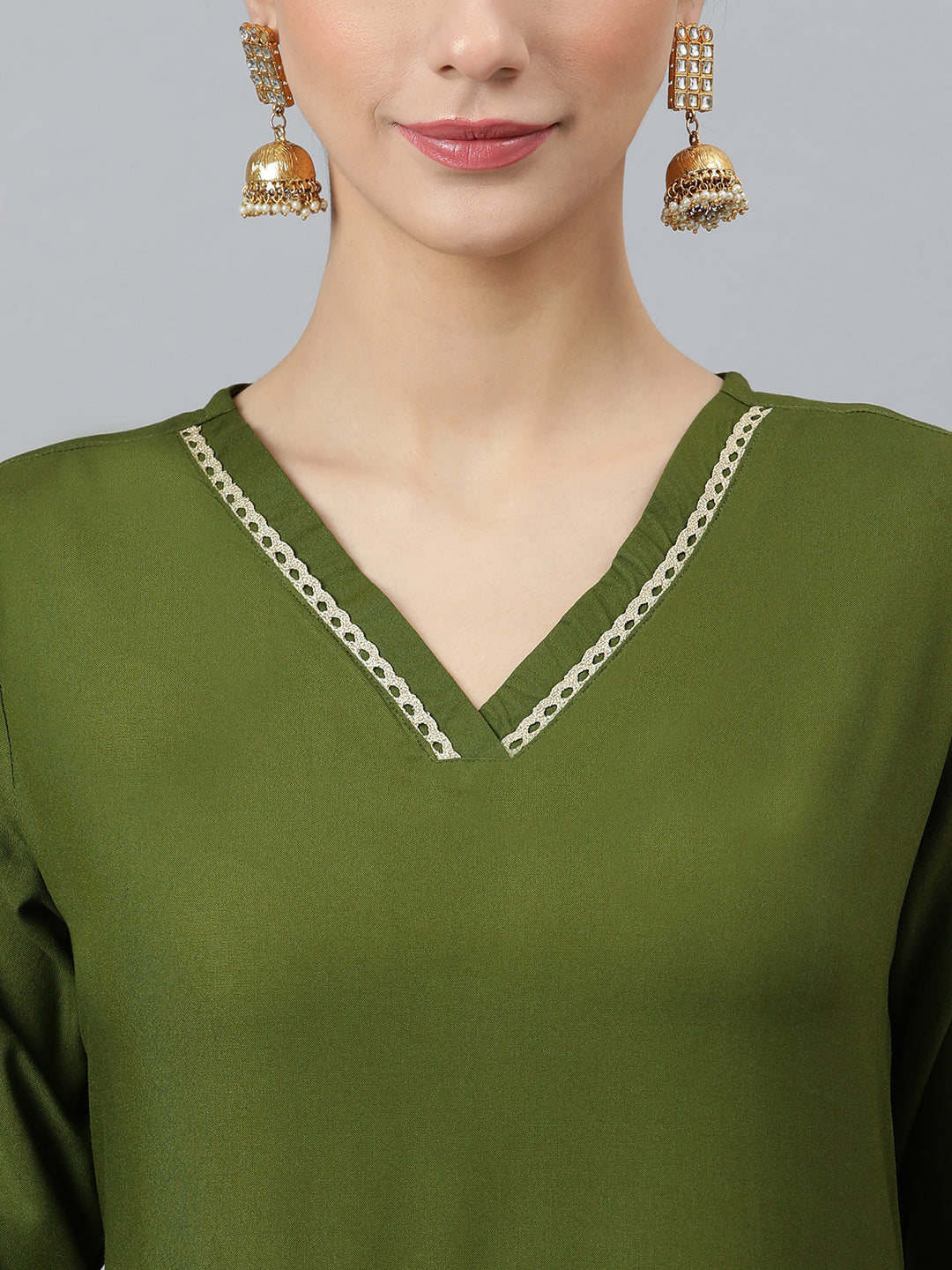 Janasya Women's Olive Green Rayon Solid Kurta With Palazzo And Dupatta