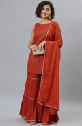 Janasya Women's Orange Rayon Foil Print Kurti With Sharara And Dupatta