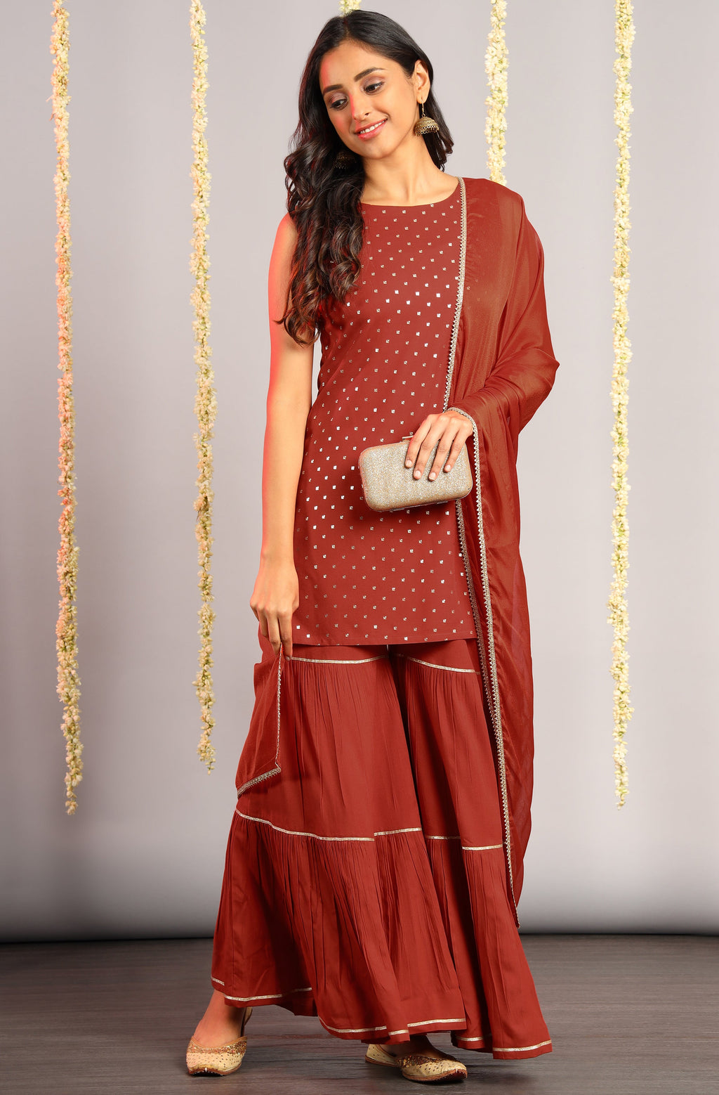 Janasya Women's Orange Rayon Foil Print Kurti With Sharara And Dupatta