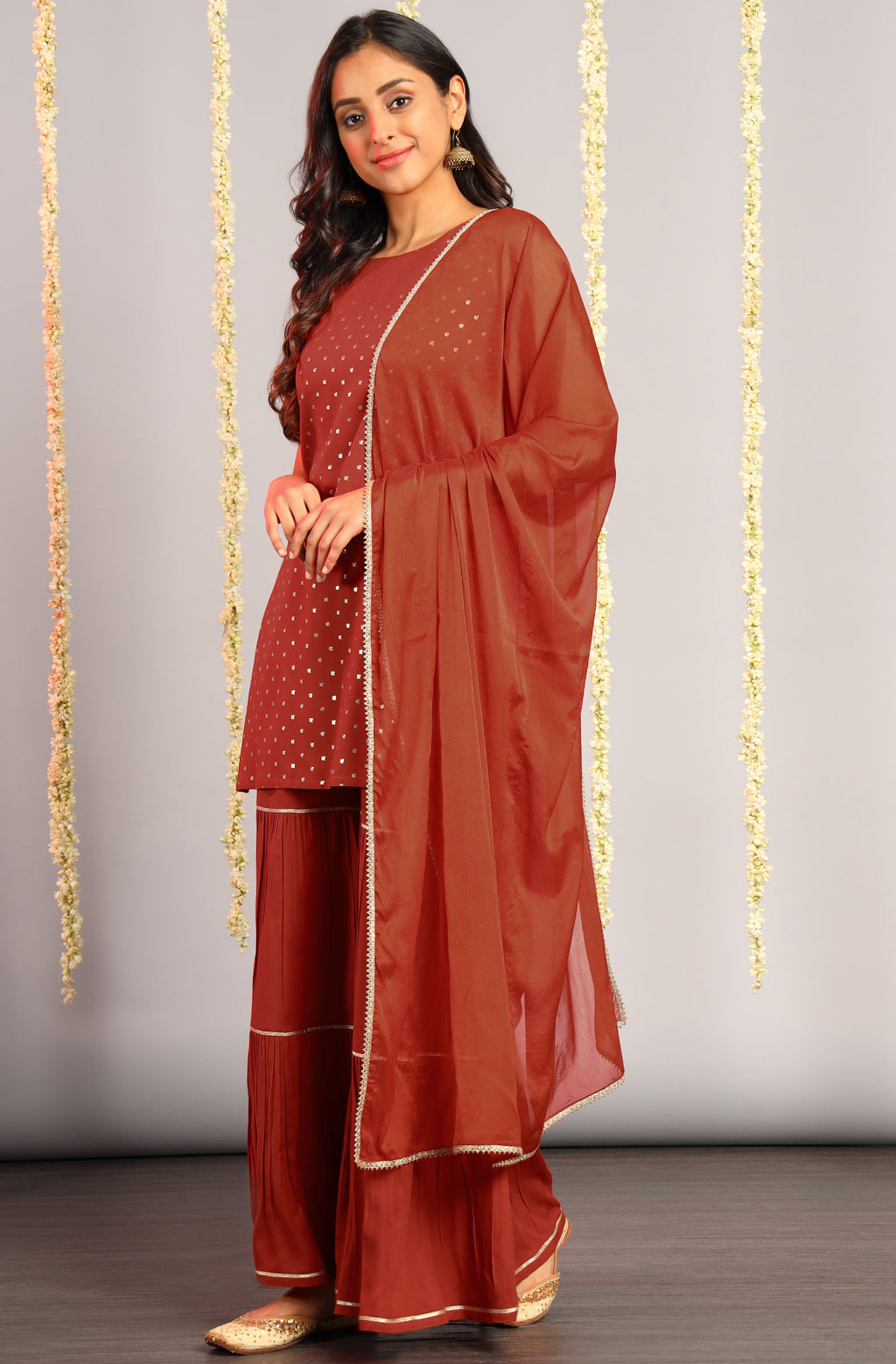 Janasya Women's Orange Rayon Foil Print Kurti With Sharara And Dupatta
