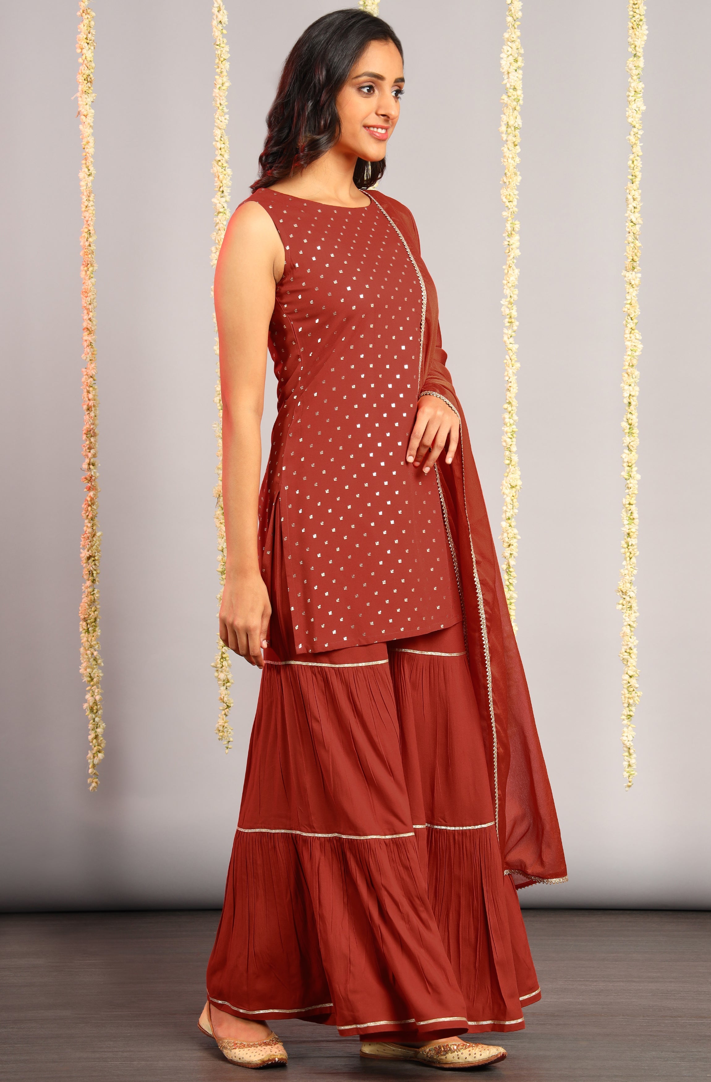 Janasya Women's Orange Rayon Foil Print Kurti With Sharara And Dupatta