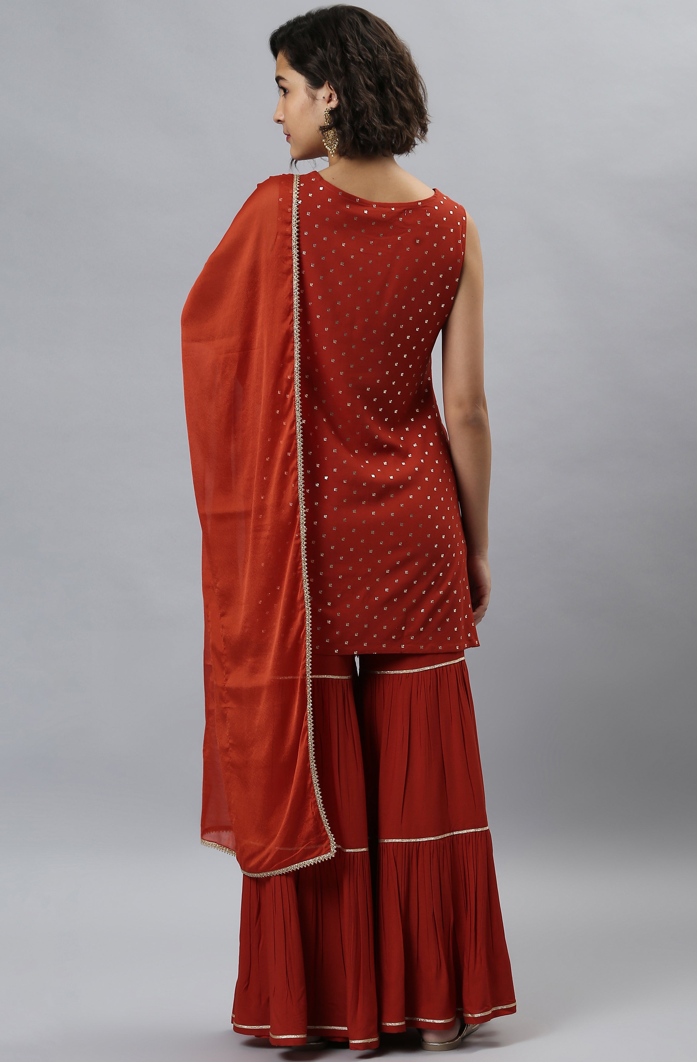 Janasya Women's Orange Rayon Foil Print Kurti With Sharara And Dupatta
