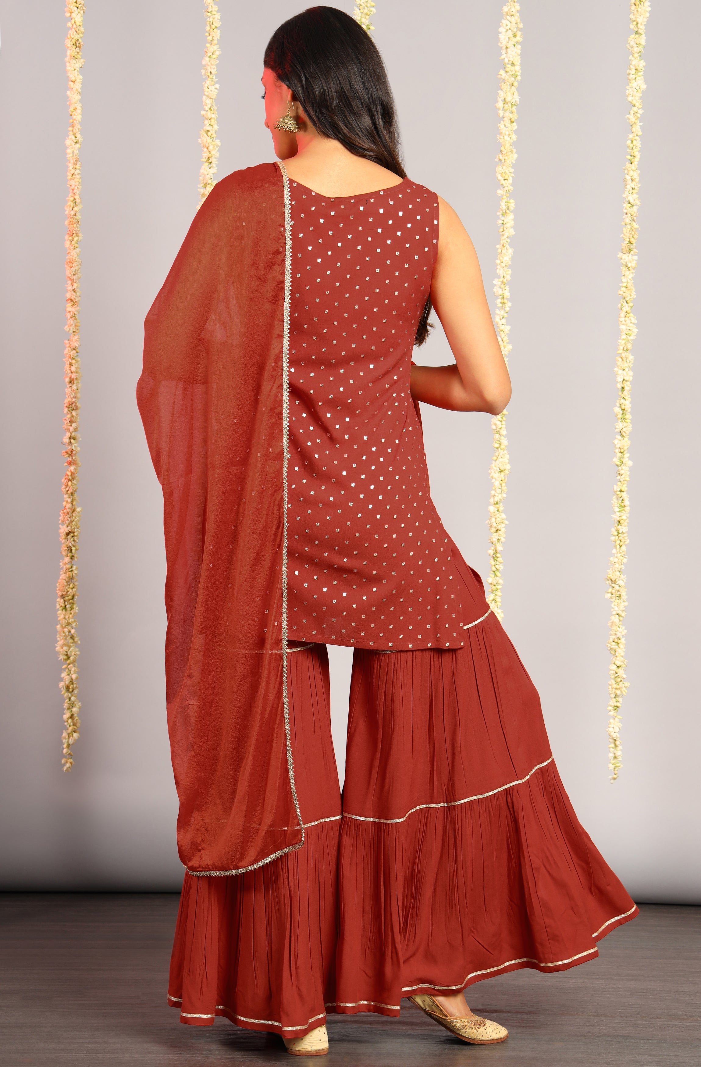 Janasya Women's Orange Rayon Foil Print Kurti With Sharara And Dupatta