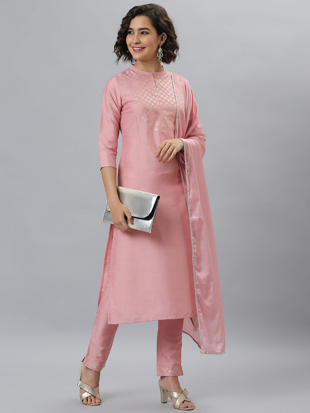 Indian Clothing Janasya Women's Pink Poly Silk Floral Printed Straight Party Kurta Set