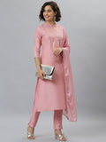 Indian Clothing Janasya Women's Pink Poly Silk Floral Printed Straight Party Kurta Set