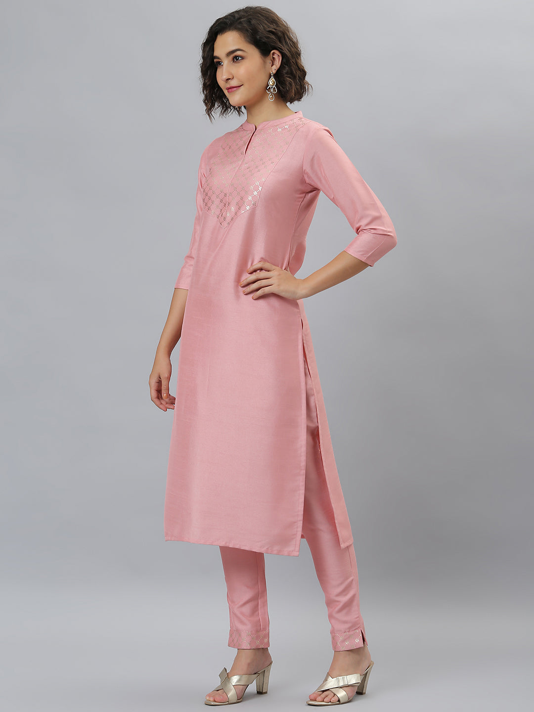 Indian Clothing Janasya Women's Pink Poly Silk Floral Printed Straight Party Kurta Set