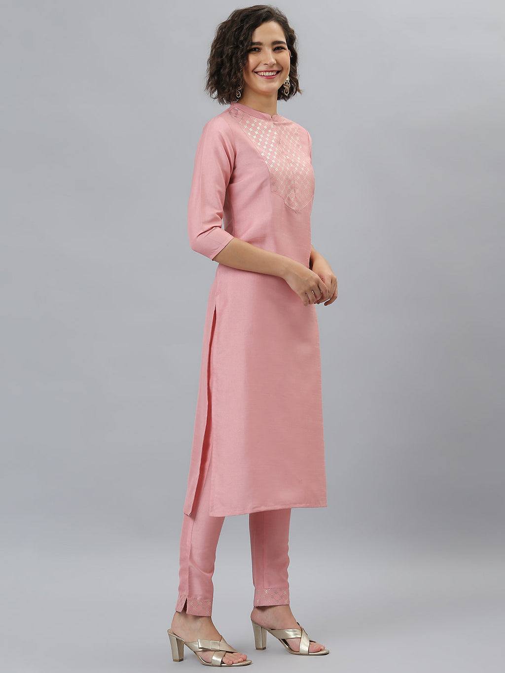 Indian Clothing Janasya Women's Pink Poly Silk Floral Printed Straight Party Kurta Set