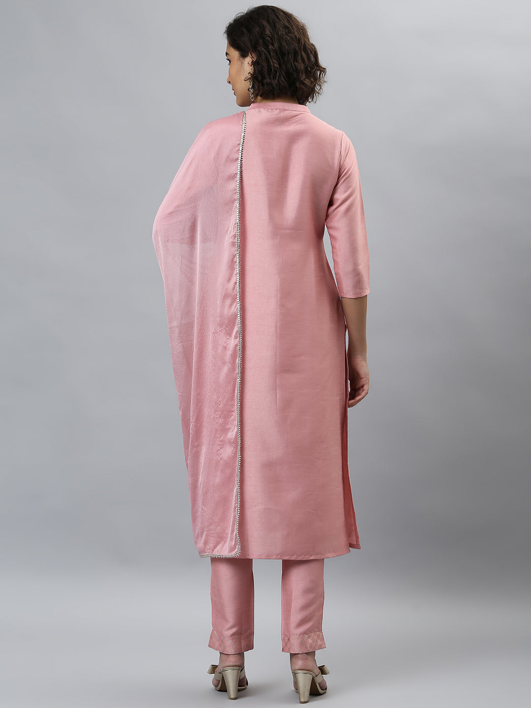Indian Clothing Janasya Women's Pink Poly Silk Floral Printed Straight Party Kurta Set