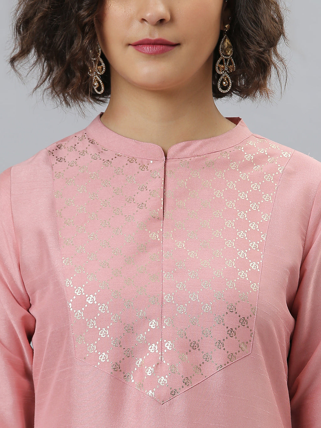 Indian Clothing Janasya Women's Pink Poly Silk Floral Printed Straight Party Kurta Set