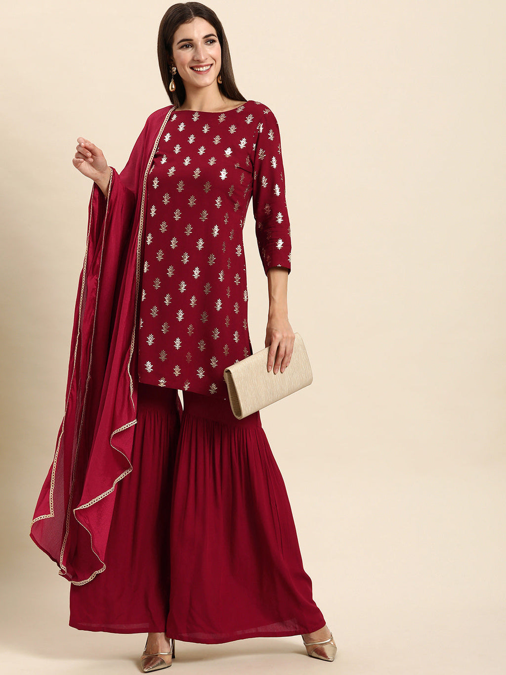 Janasya Women's Maroon Rayon Floral Print Kurti With Sharara And Dupatta