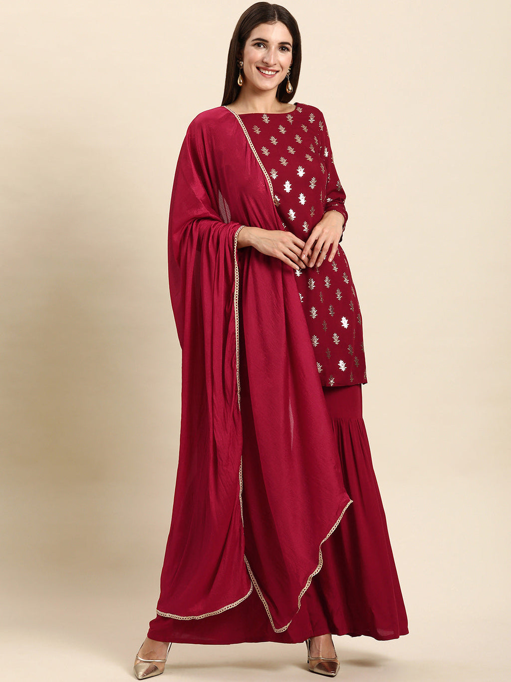 Janasya Women's Maroon Rayon Floral Print Kurti With Sharara And Dupatta
