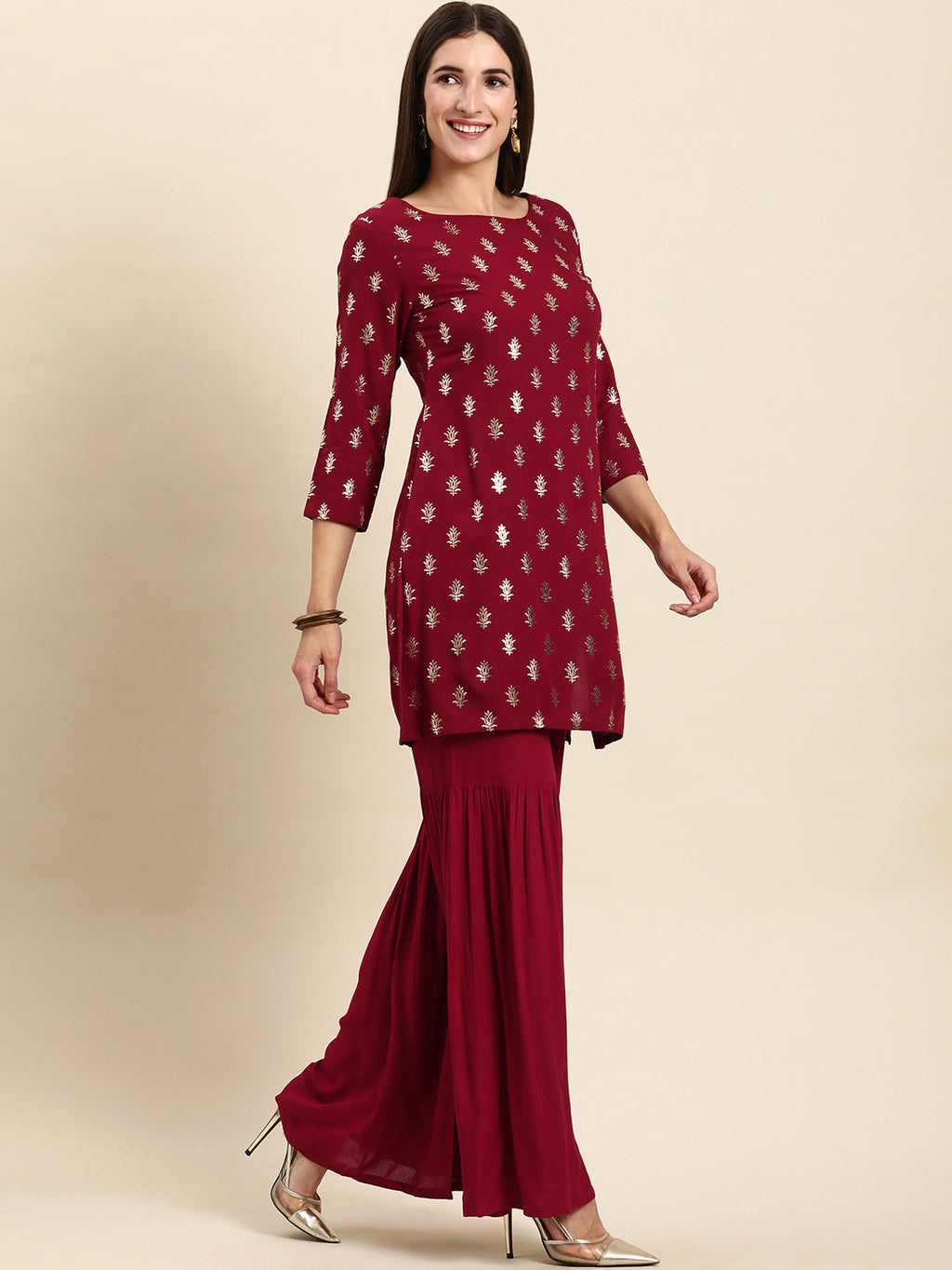 Janasya Women's Maroon Rayon Floral Print Kurti With Sharara And Dupatta