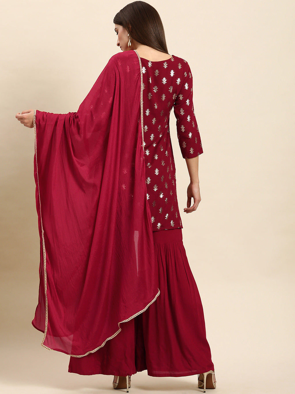 Janasya Women's Maroon Rayon Floral Print Kurti With Sharara And Dupatta
