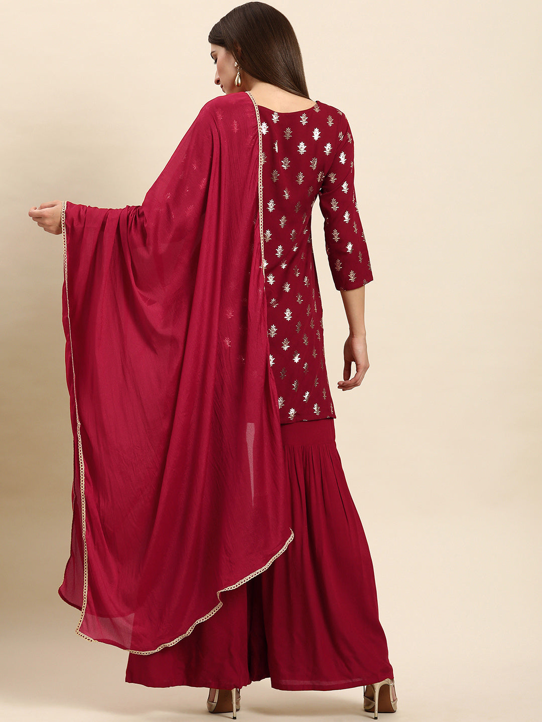 Janasya Women's Maroon Rayon Floral Print Kurti With Sharara And Dupatta