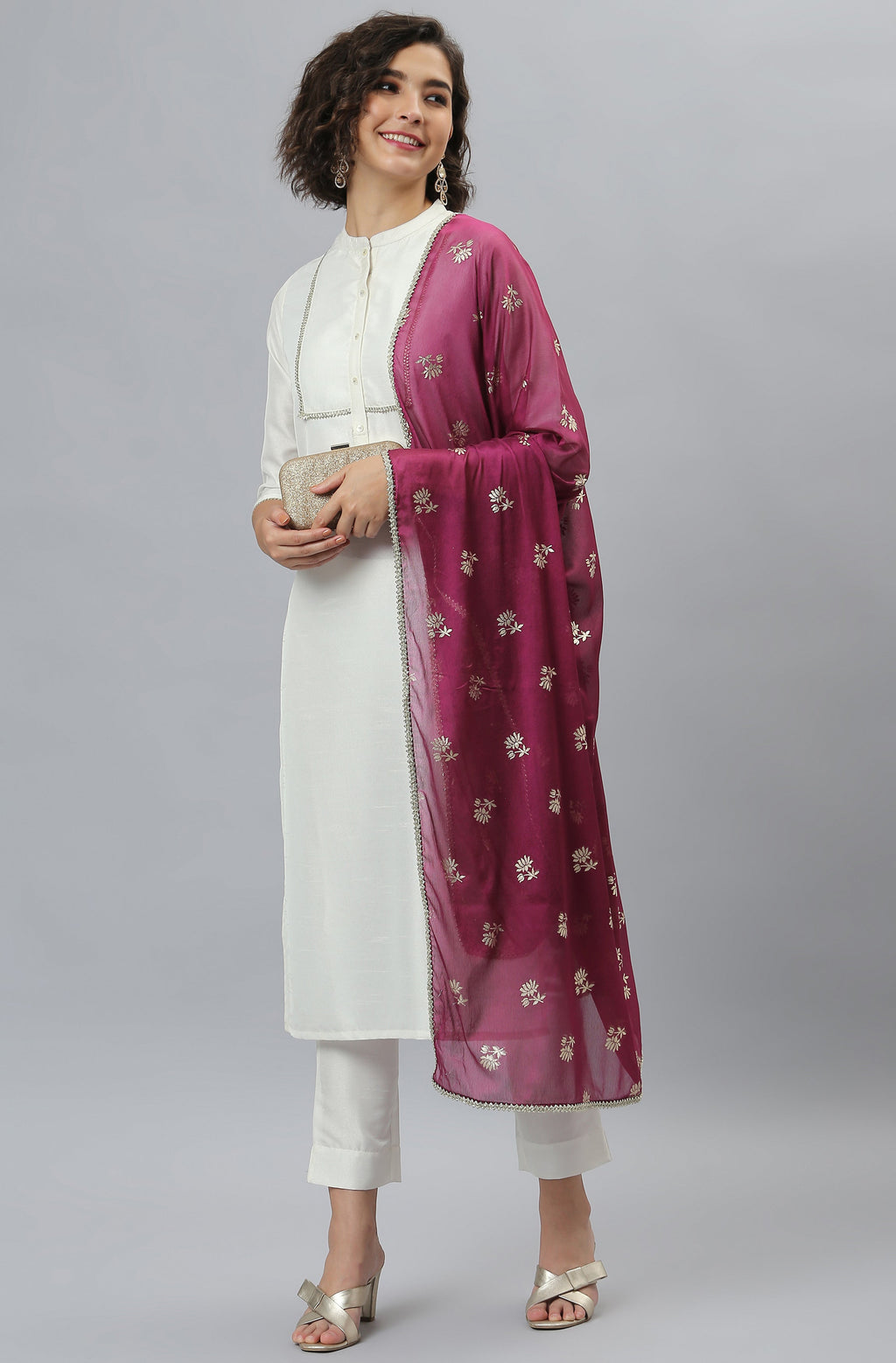Janasya Women's White Poly Silk Solid Kurta With Pant And Dupatta