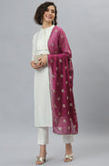 Janasya Women's White Poly Silk Solid Kurta With Pant And Dupatta