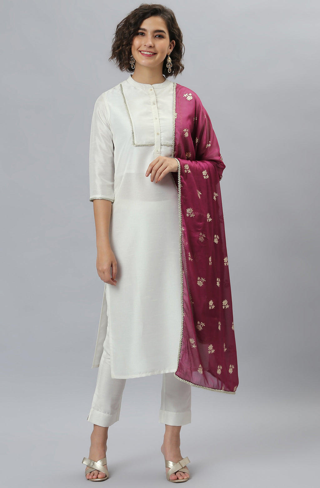 Janasya Women's White Poly Silk Solid Kurta With Pant And Dupatta
