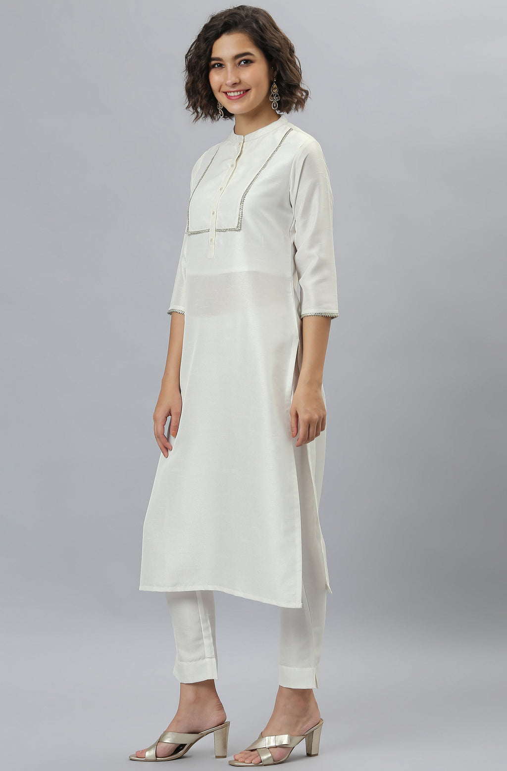 Janasya Women's White Poly Silk Solid Kurta With Pant And Dupatta