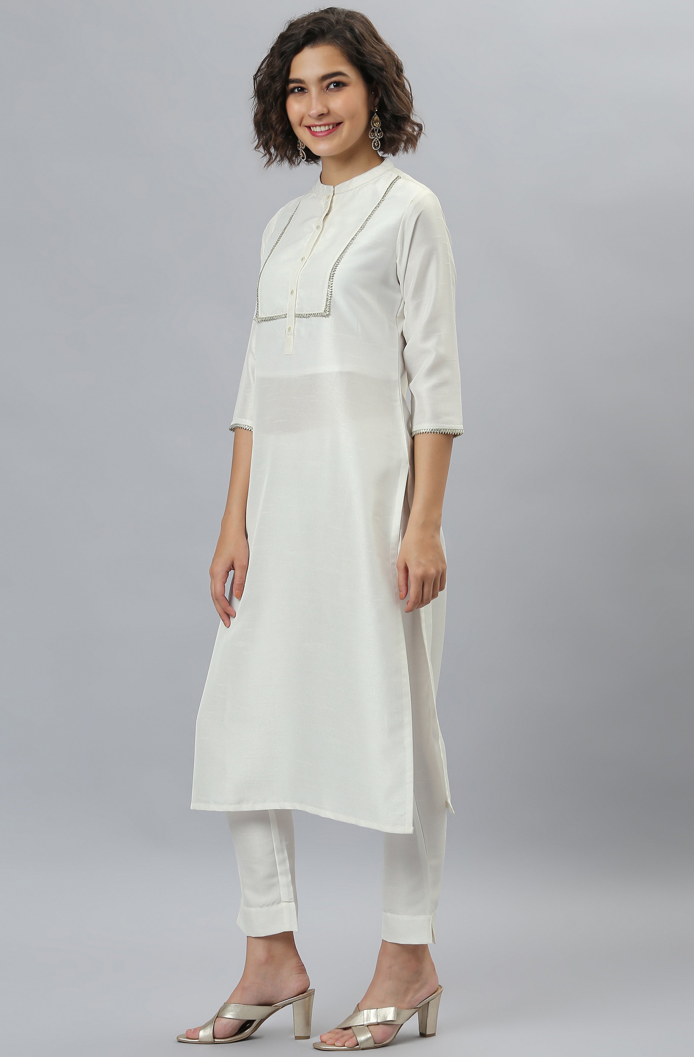 Janasya Women's White Poly Silk Solid Kurta With Pant And Dupatta