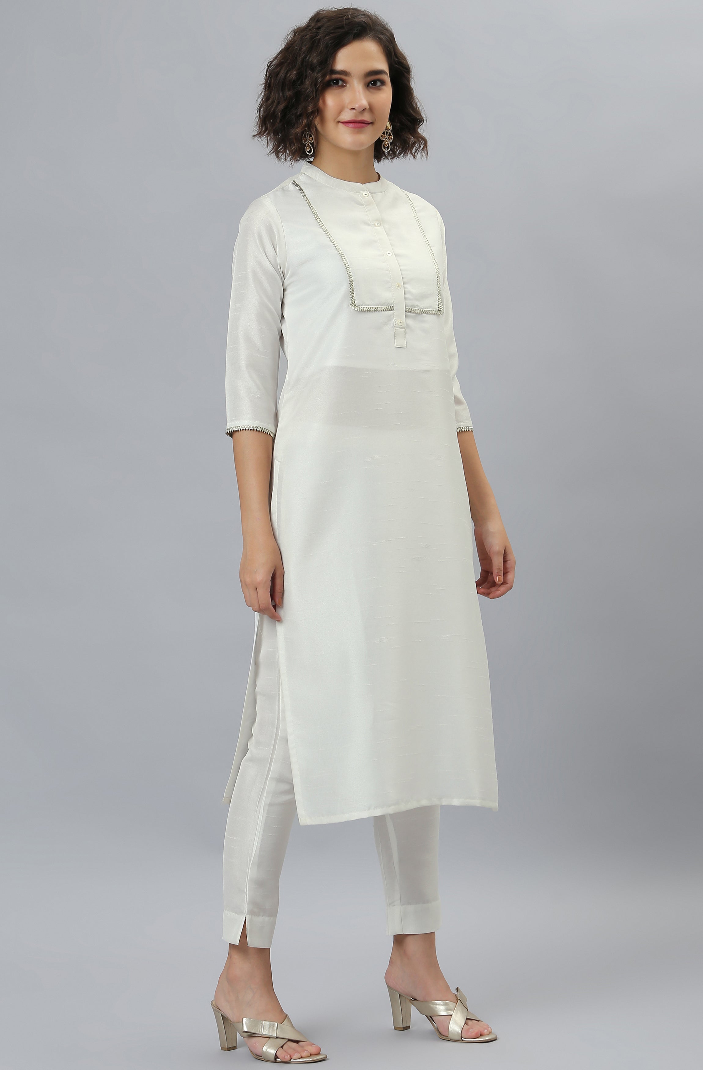 Janasya Women's White Poly Silk Solid Kurta With Pant And Dupatta
