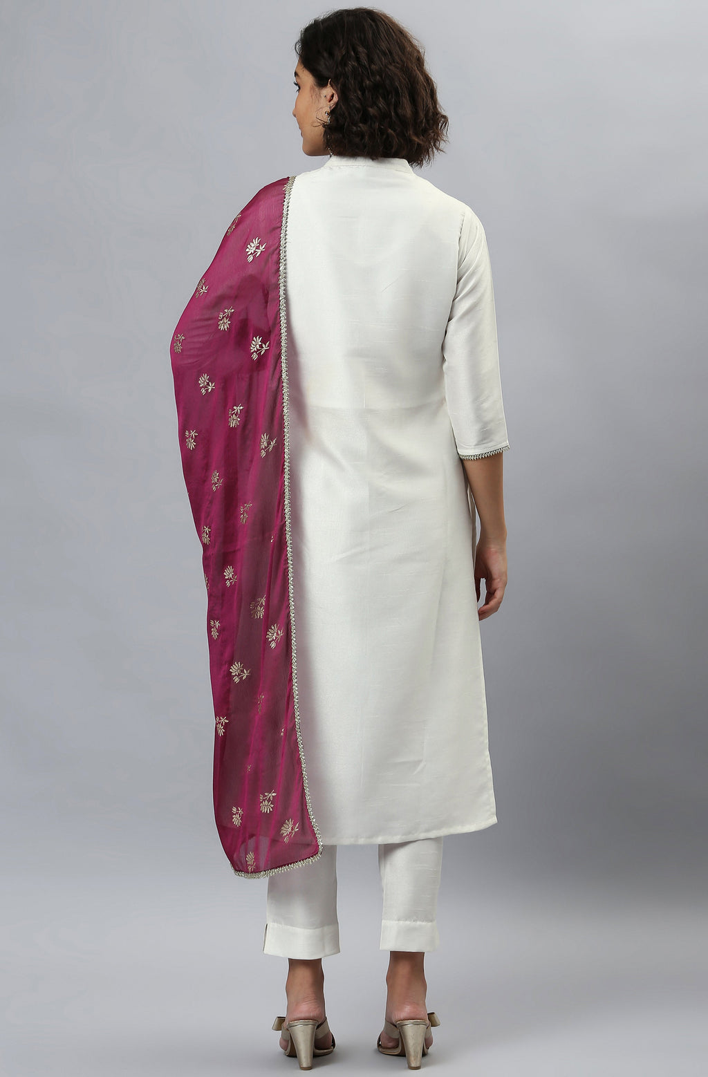 Janasya Women's White Poly Silk Solid Kurta With Pant And Dupatta