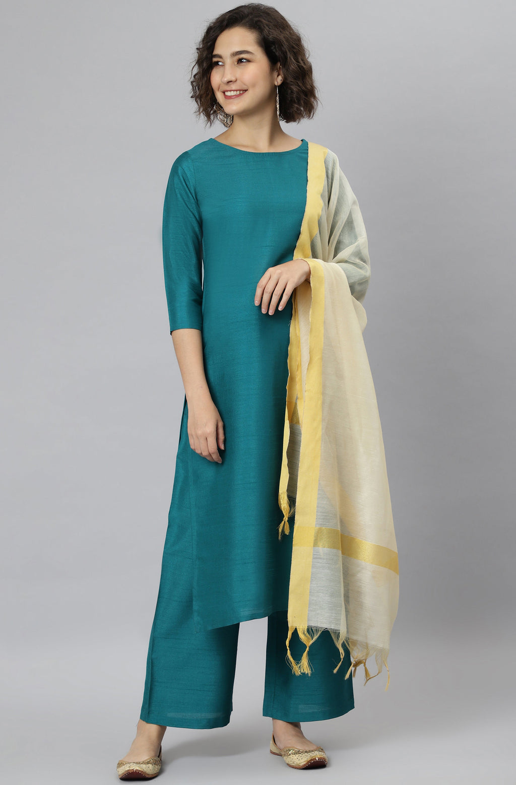 Janasya Women's Teal Poly Silk Solid Straight Casual Kurta Set