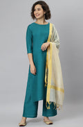 Janasya Women's Teal Poly Silk Solid Straight Casual Kurta Set