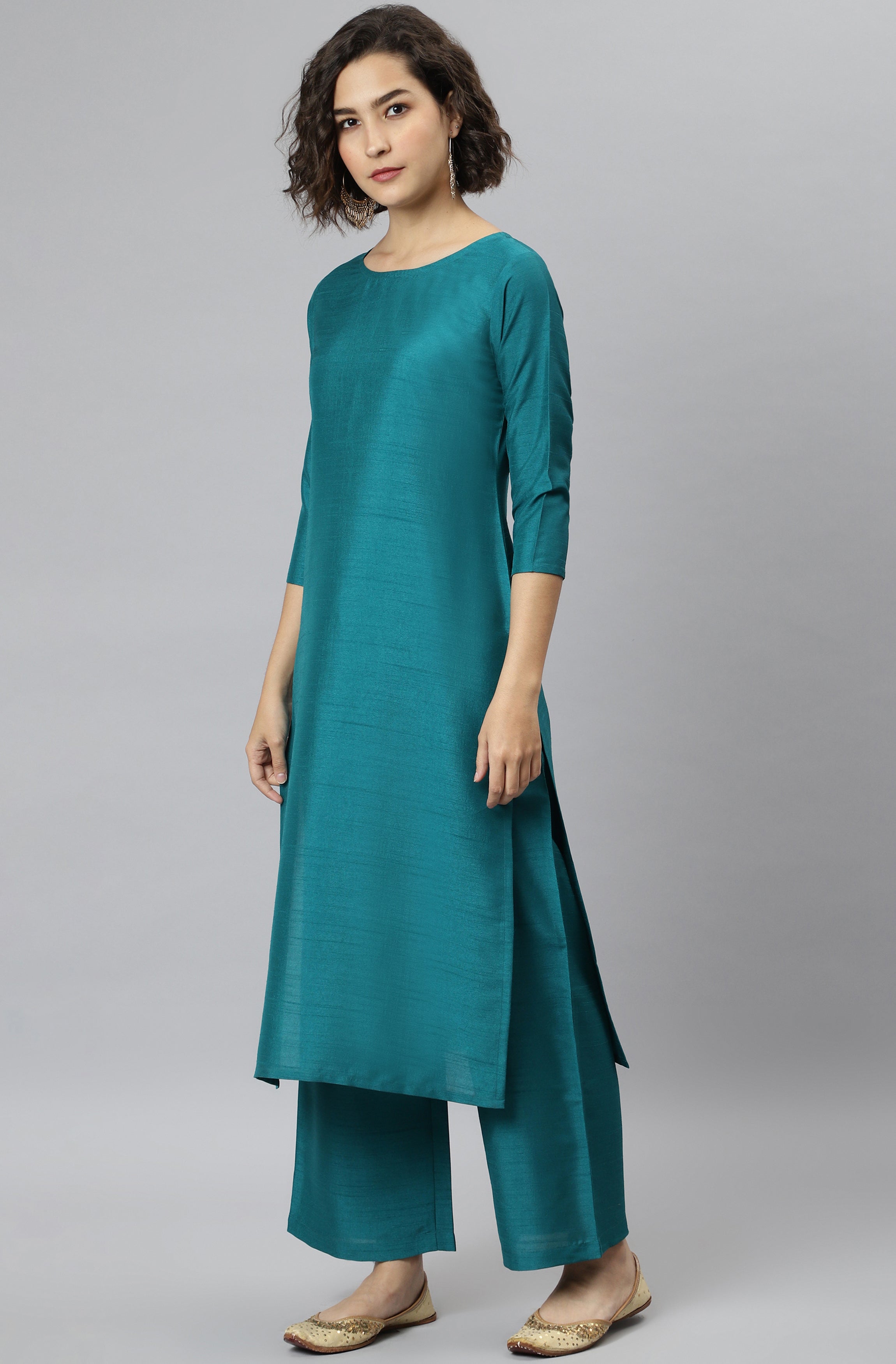 Janasya Women's Teal Poly Silk Solid Straight Casual Kurta Set