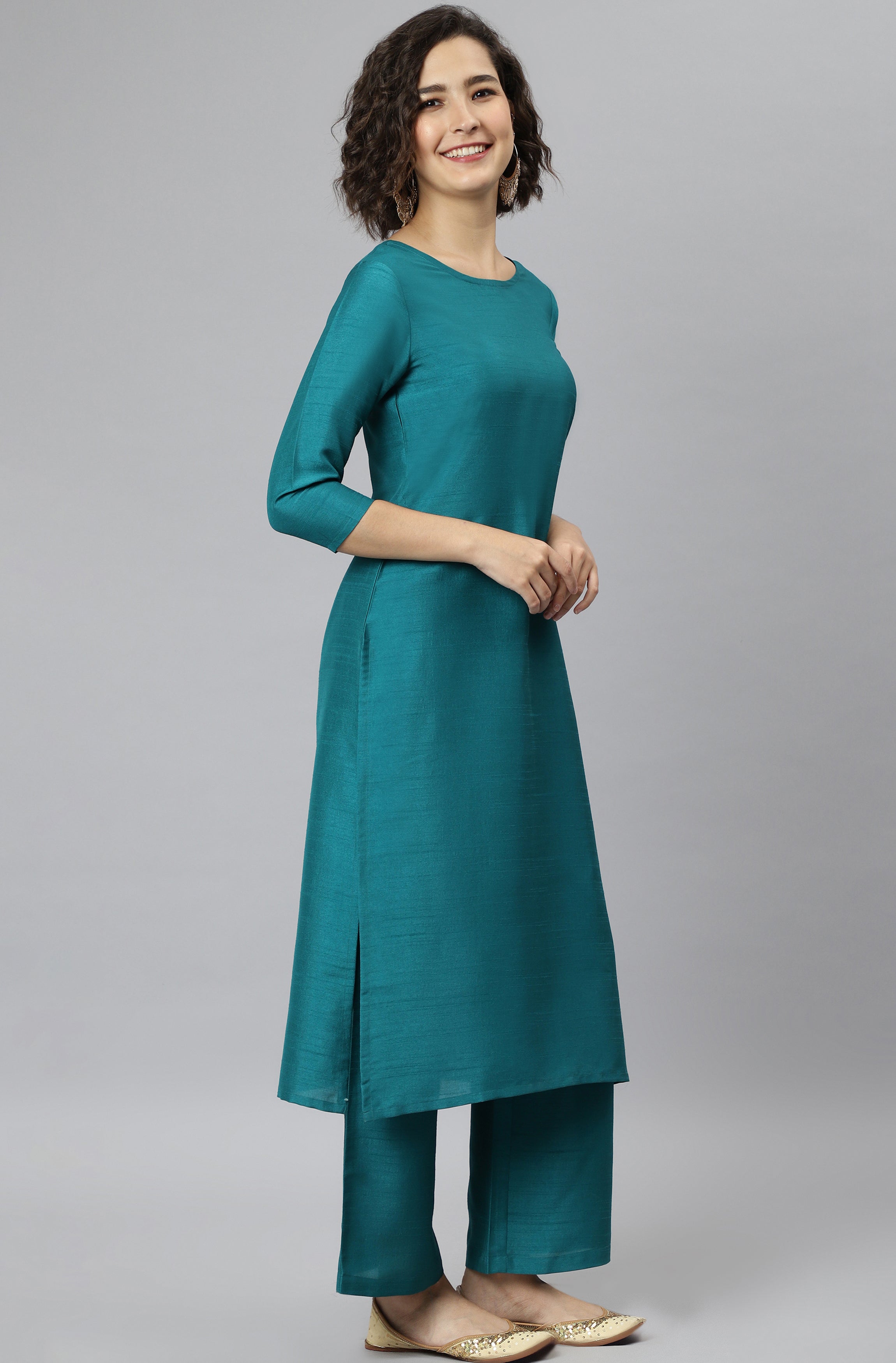 Janasya Women's Teal Poly Silk Solid Straight Casual Kurta Set