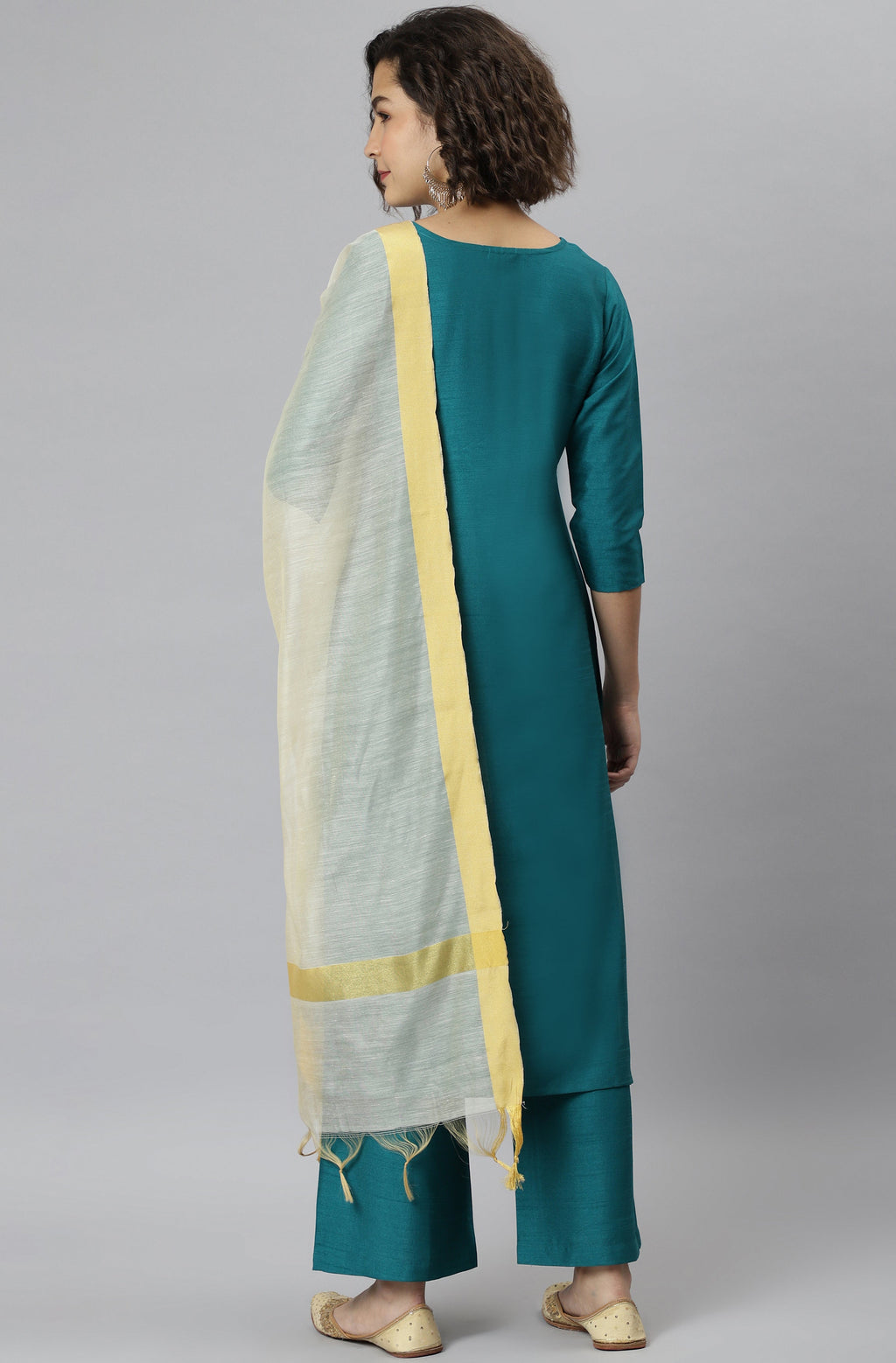 Janasya Women's Teal Poly Silk Solid Straight Casual Kurta Set