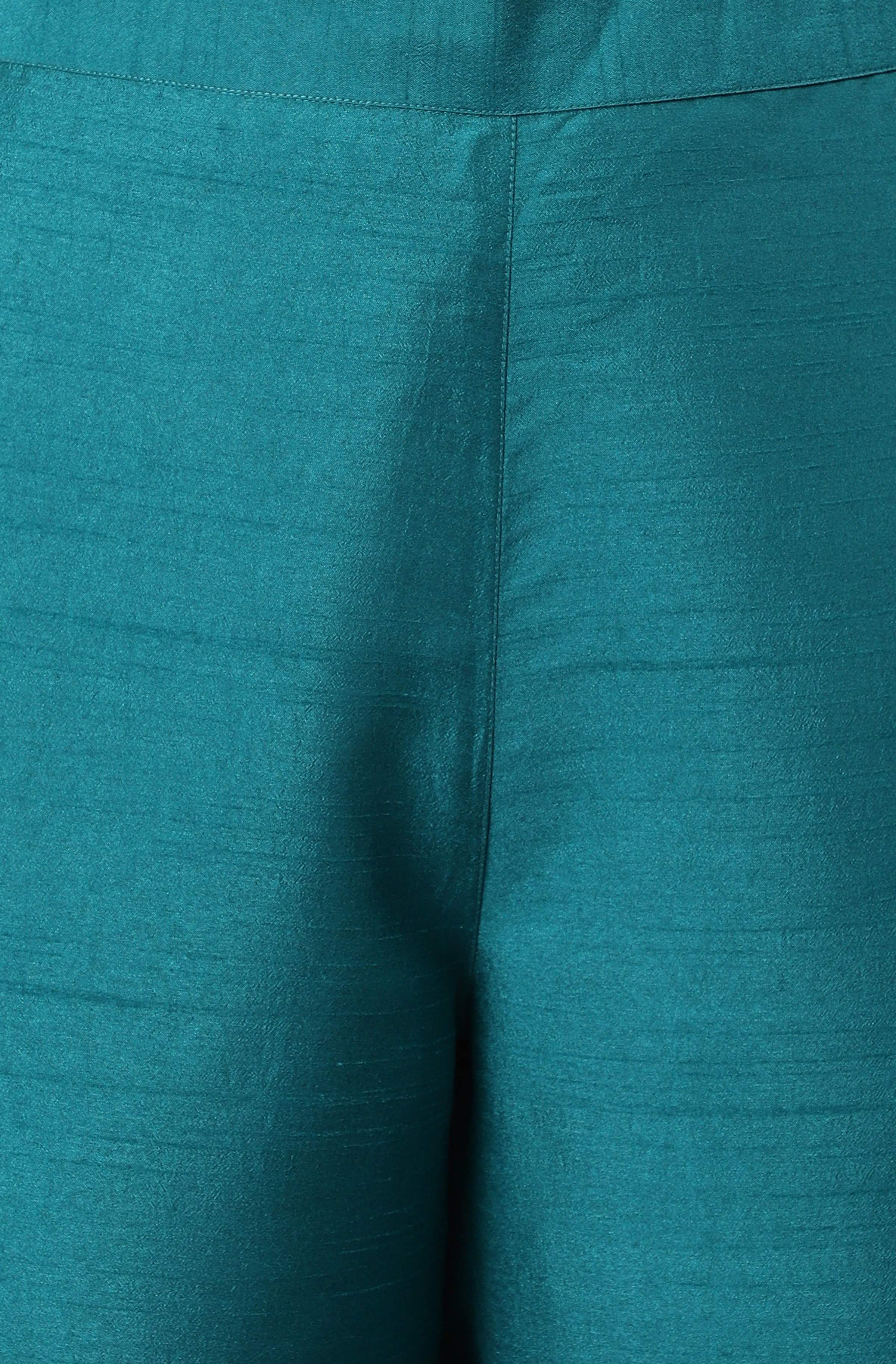 Janasya Women's Teal Poly Silk Solid Straight Casual Kurta Set
