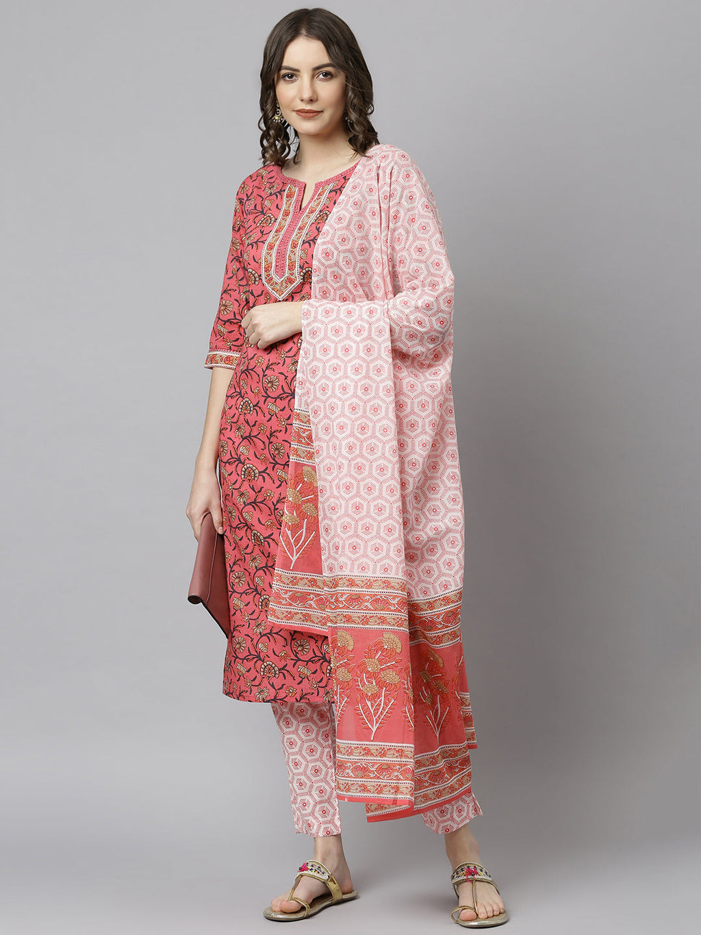 Janasya Women's Pink Cotton Floral Print Kurta With Pant And Dupatta