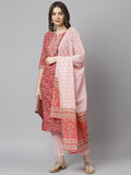 Janasya Women's Pink Cotton Floral Print Kurta With Pant And Dupatta