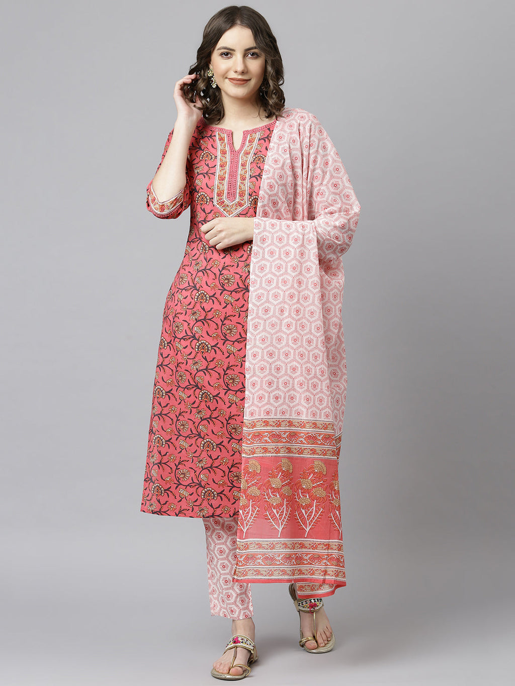 Janasya Women's Pink Cotton Floral Print Kurta With Pant And Dupatta