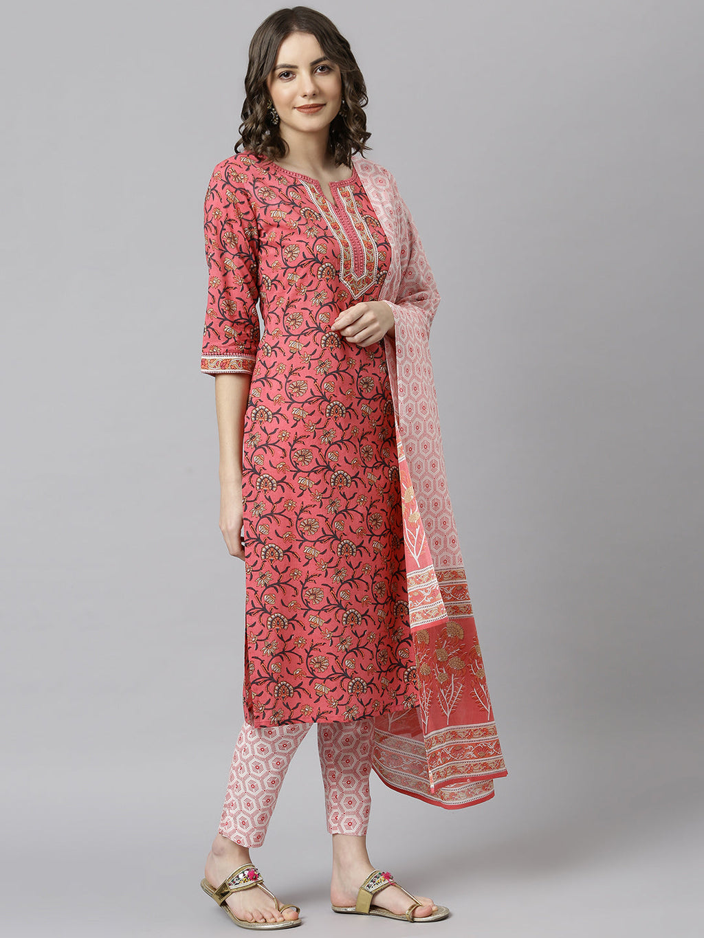 Janasya Women's Pink Cotton Floral Print Kurta With Pant And Dupatta
