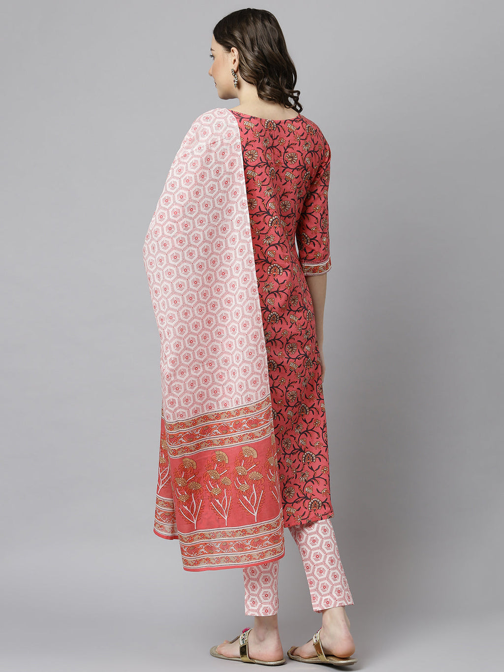 Janasya Women's Pink Cotton Floral Print Kurta With Pant And Dupatta