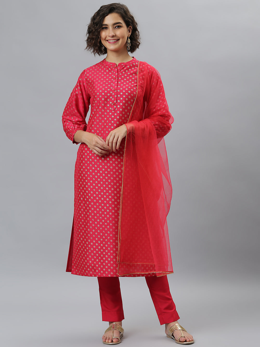 Janasya Women's Pink Poly Silk Floral Printed Straight Festive Kurta Set