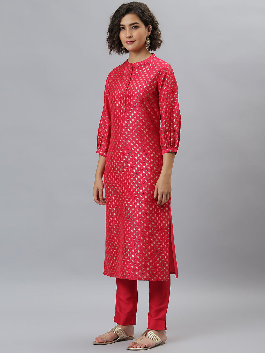 Janasya Women's Pink Poly Silk Floral Printed Straight Festive Kurta Set