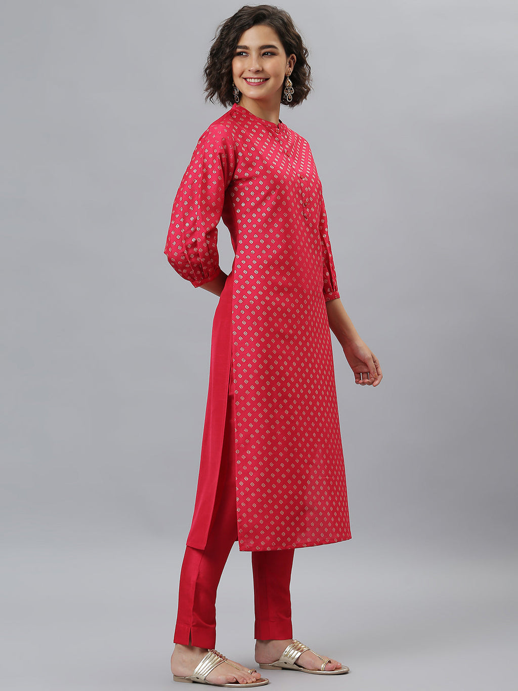 Janasya Women's Pink Poly Silk Floral Printed Straight Festive Kurta Set
