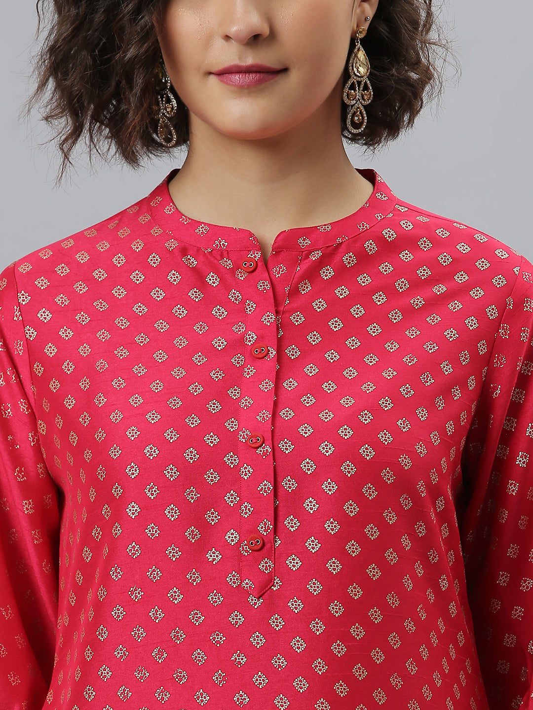 Janasya Women's Pink Poly Silk Floral Printed Straight Festive Kurta Set