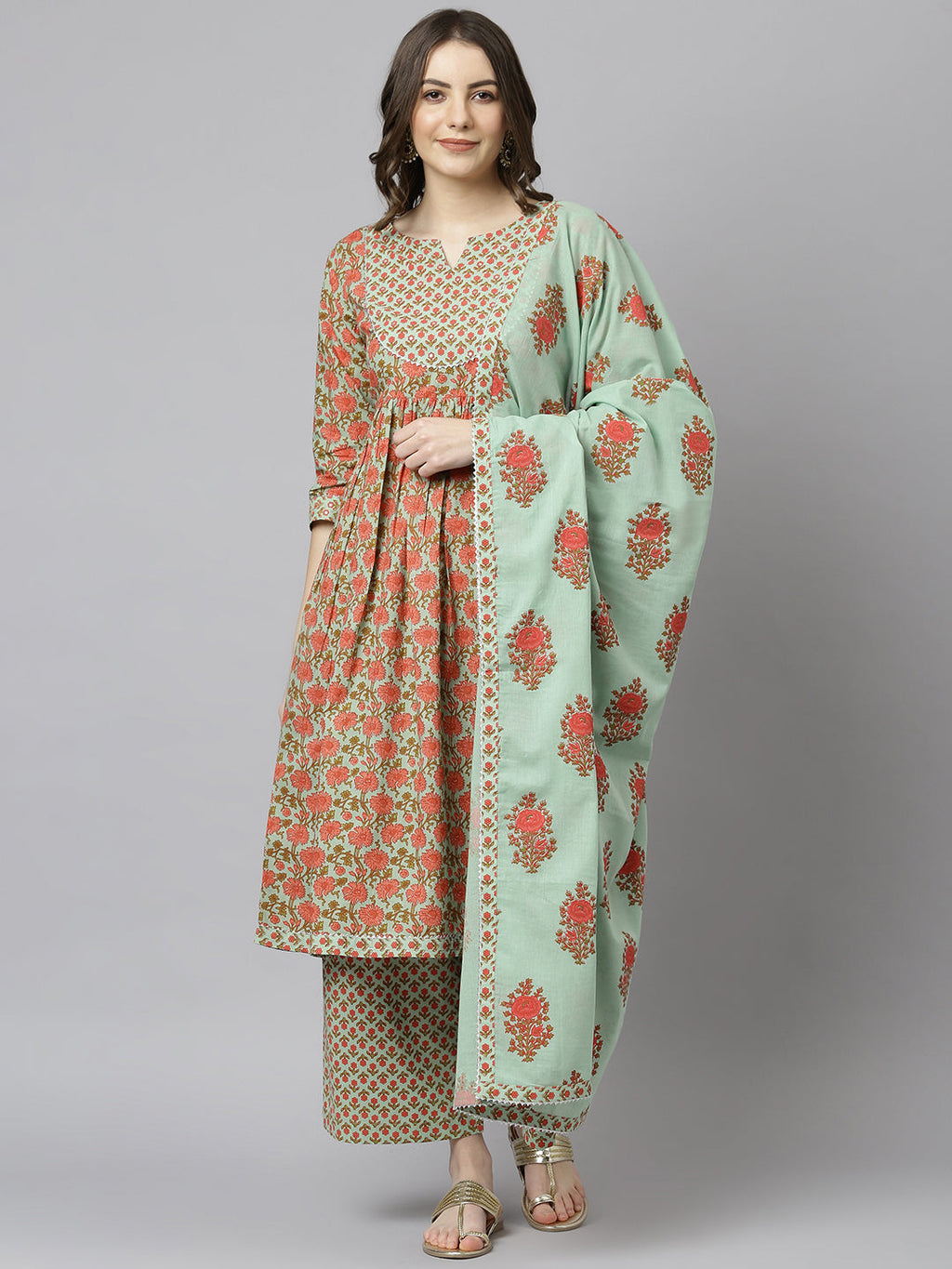 Janasya Women's Light Green Cotton Floral Print Kurta With Palazzo And Dupatta