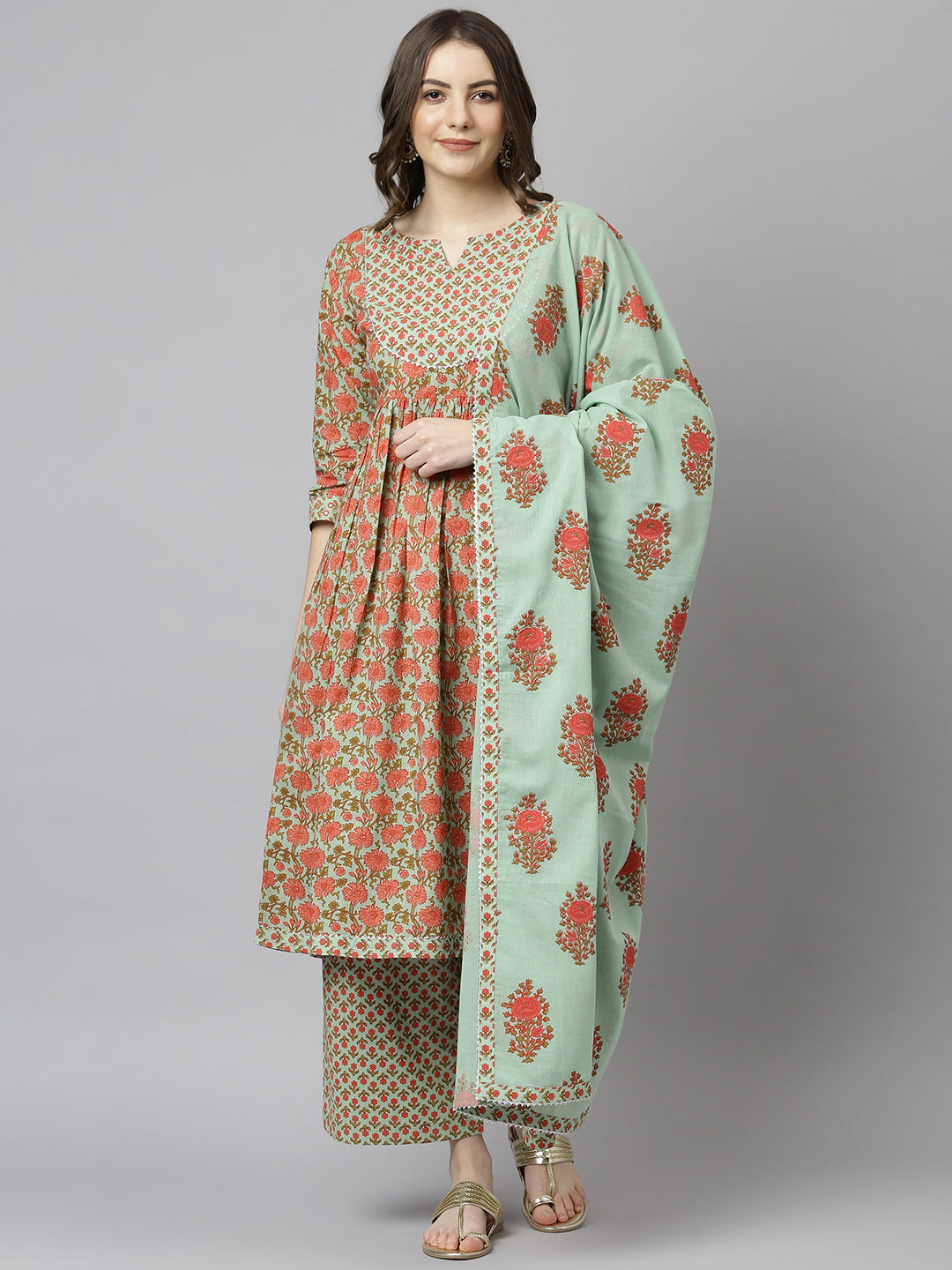 Janasya Women's Light Green Cotton Floral Print Kurta With Palazzo And Dupatta