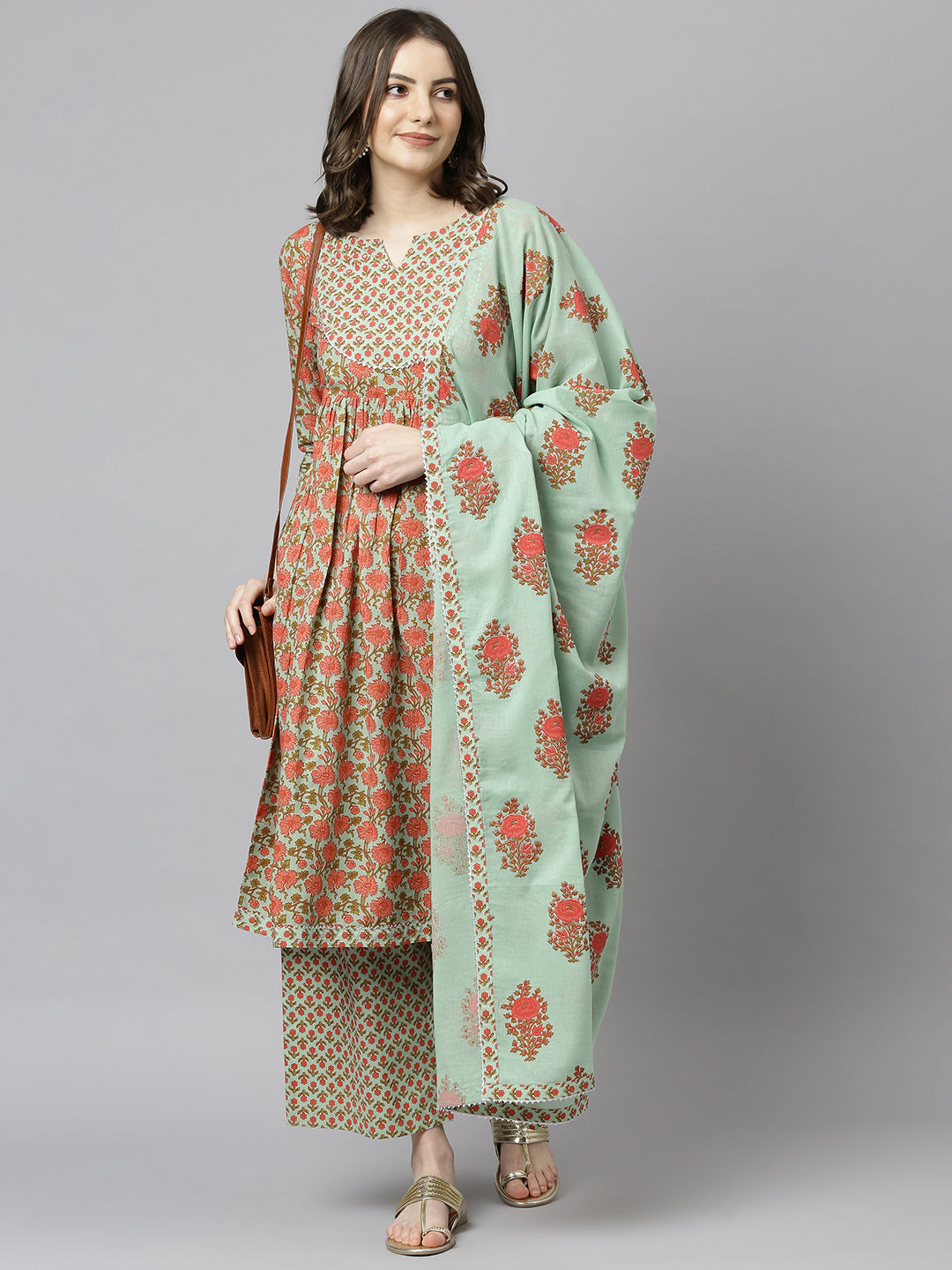 Janasya Women's Light Green Cotton Floral Print Kurta With Palazzo And Dupatta